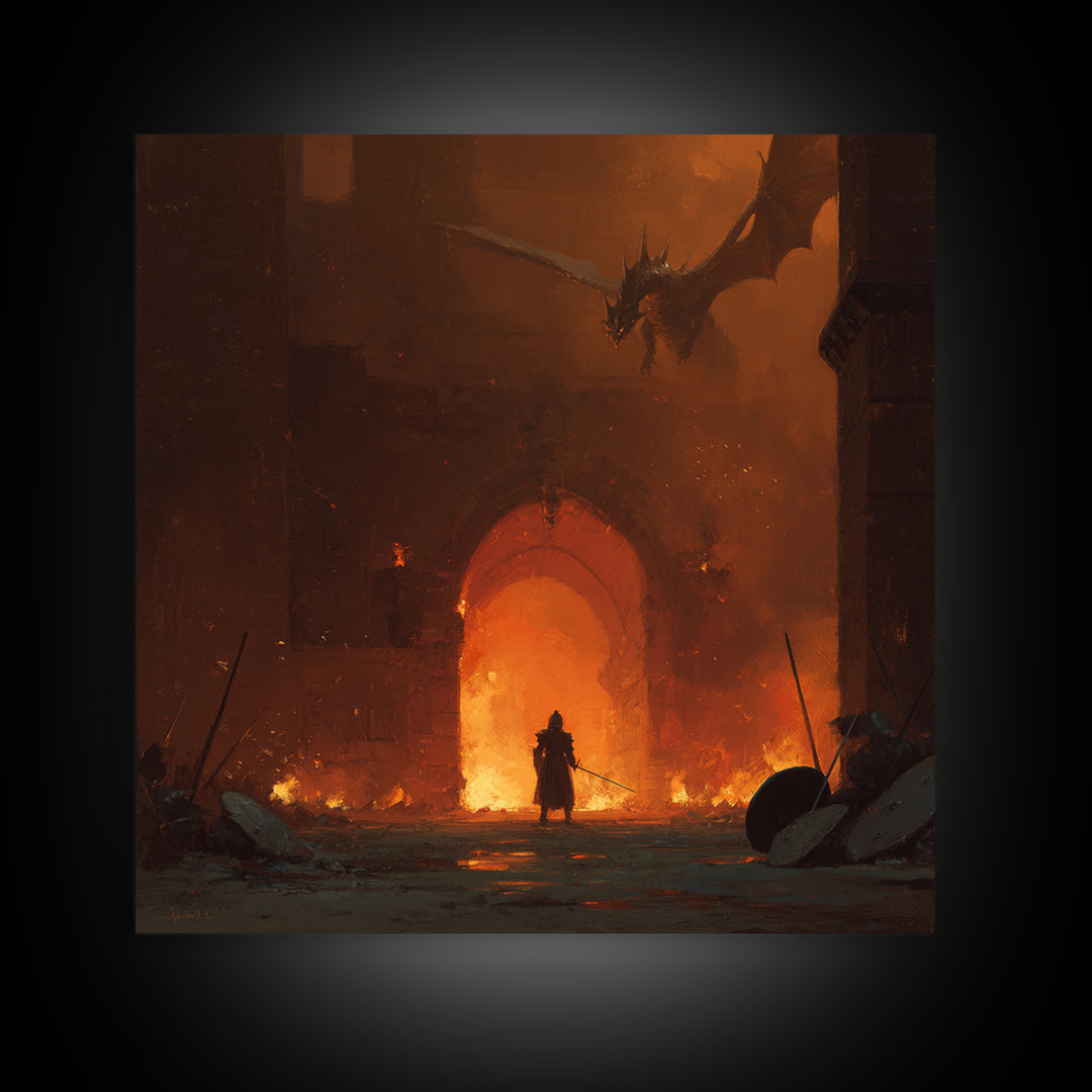 Dragon Above Burning Castle Gate Framed Canvas Print, Dark Fantasy Wall Art, Medieval Warrior Decor, Gothic Game Room Poster