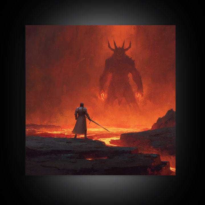 Knight Facing Fiery Demon In Lava Realm Canvas Print, Dark Fantasy Wall Art, Gothic Battle Decor, Epic Gaming Room Poster