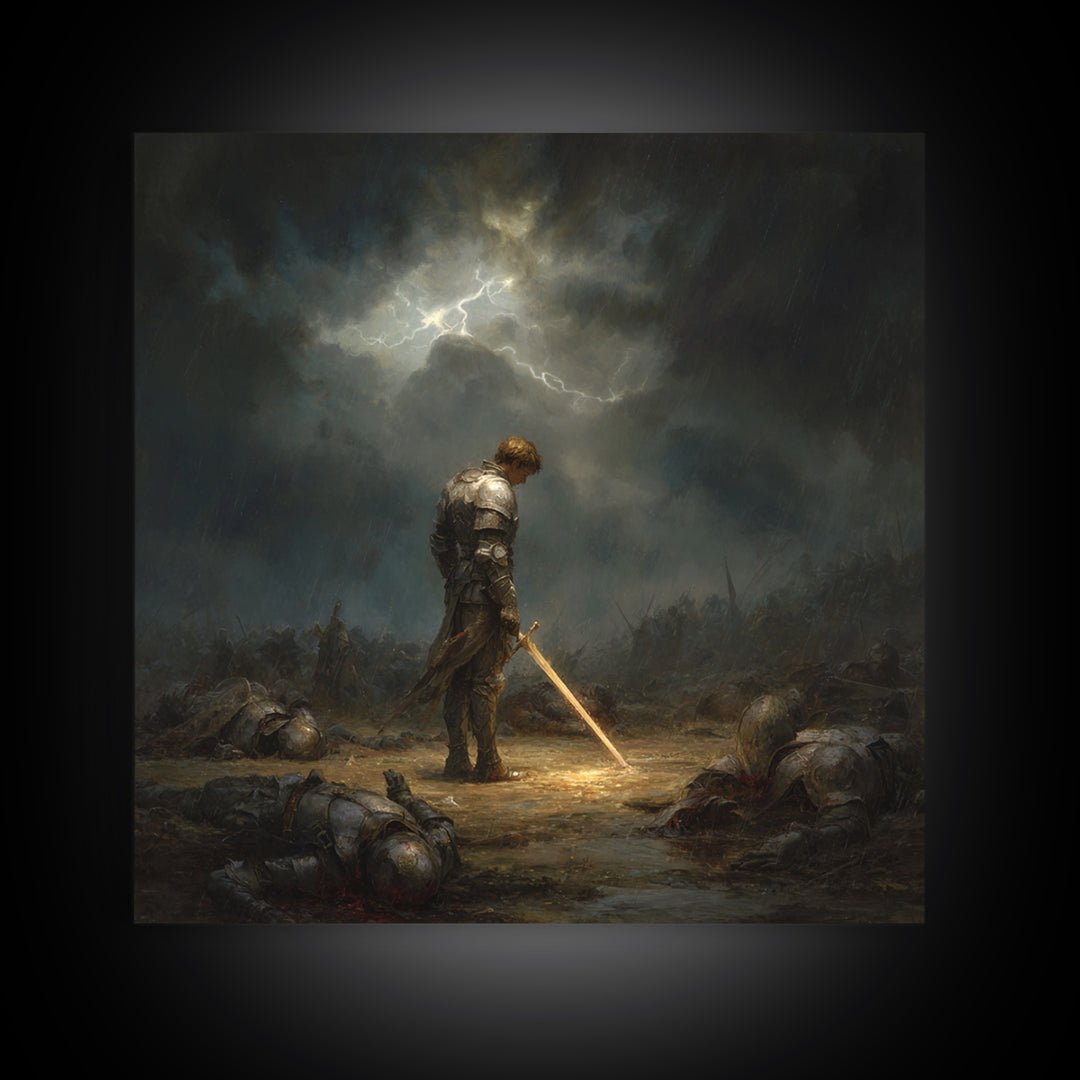 Stormlit Knight With Glowing Sword Wall Art, Dark Fantasy Battlefield Print, Gothic Medieval Decor, Dramatic Office Wall Art