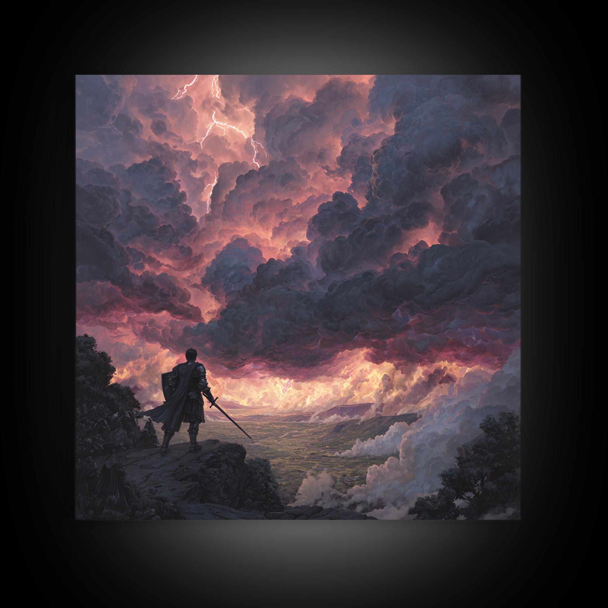 Warrior Beneath Thundercloud Sky Canvas Print, Dramatic Fantasy Landscape Wall Art, Lightning Storm Decor, Moody Wall Decor
