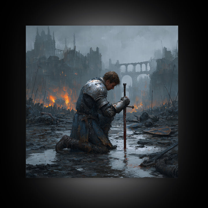 Kneeling Knight In Rainy Ruins Framed Canvas Print, Dark Fantasy Wall Art, Medieval Castle Decor, Moody Battlefield Art Print