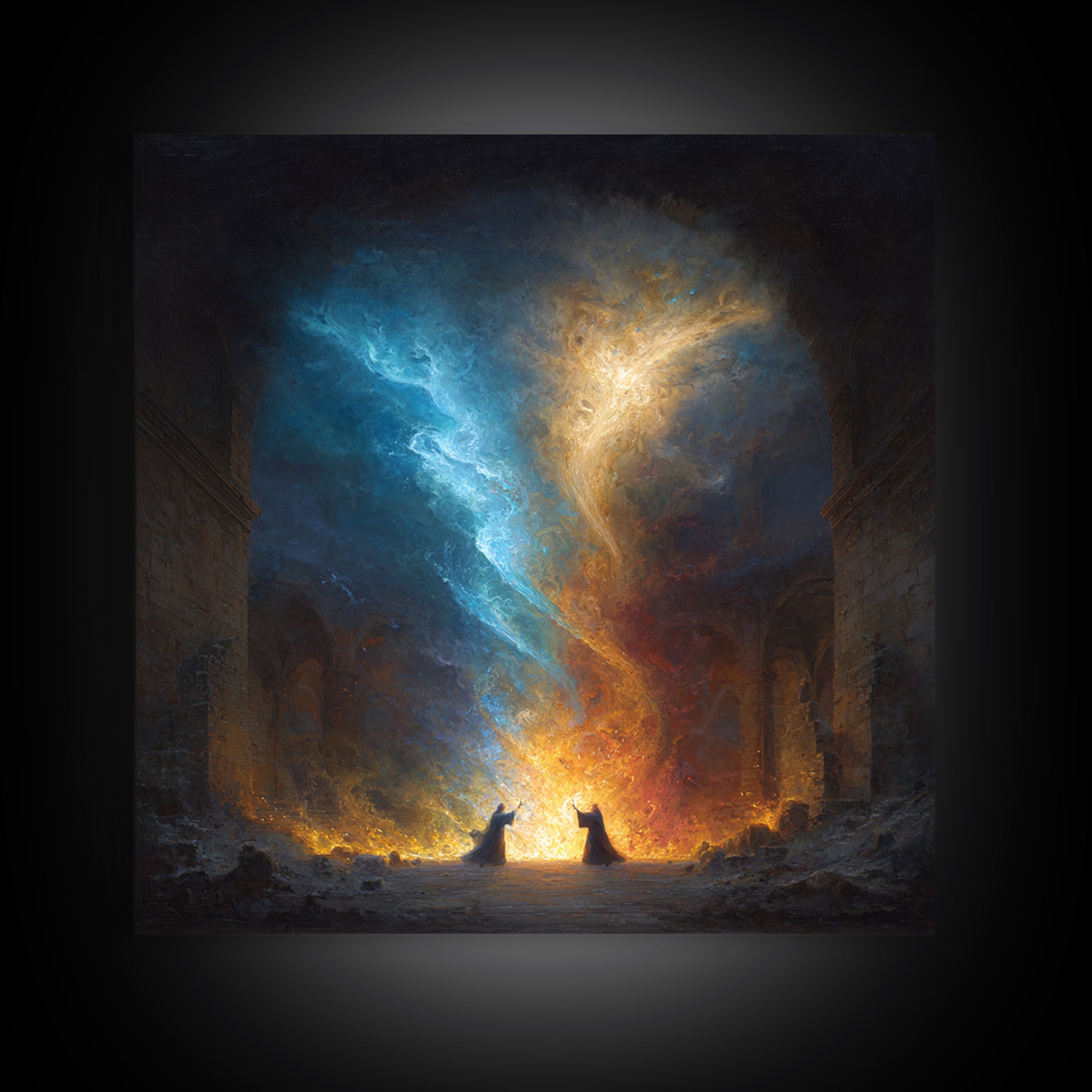 Twin Mages Casting Blue Gold Spell Canvas Print, Fantasy Magic Wall Art, Mystical Abstract Energy Decor, Wizard Wall Art