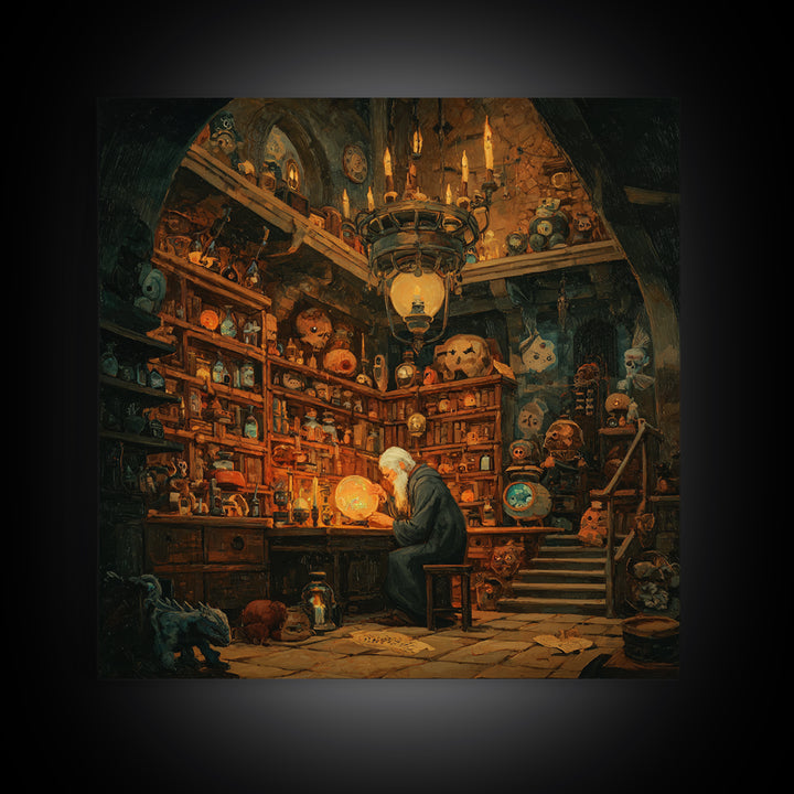 Old Wizard In Magical Curiosity Shop Wall Art, Fantasy Library Decor, Whimsical Alchemist Canvas, Dark Academia Home Decor Print