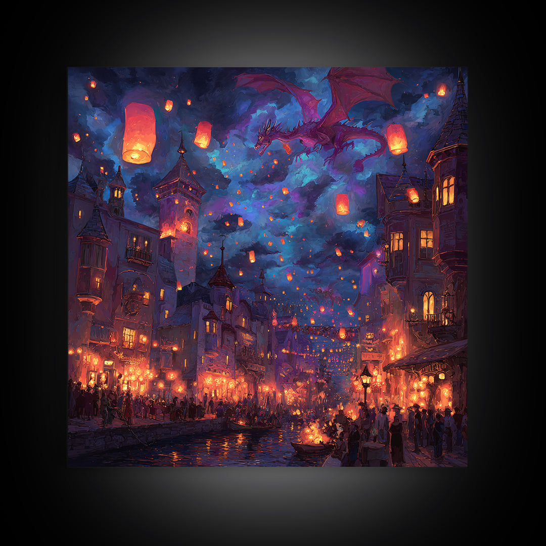 Purple Dragon Over Lantern Festival Wall Art, Whimsical Fantasy City Canvas, Magical Night Decor, Colorful Kids Room Poster