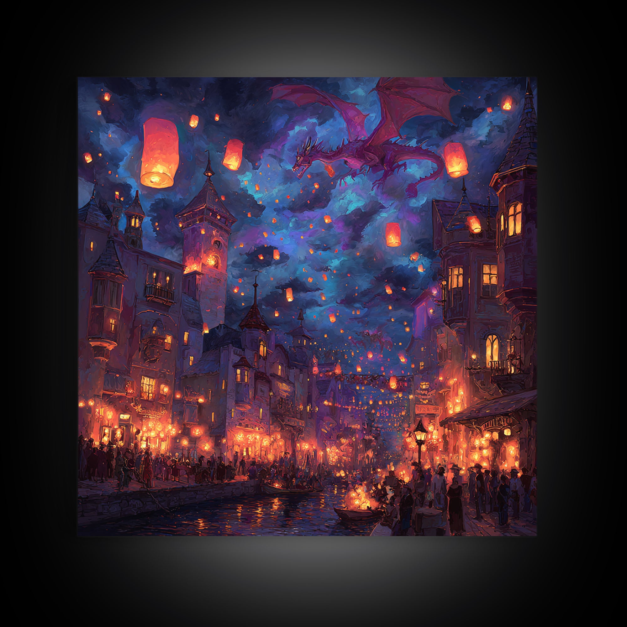 Purple Dragon Over Lantern Festival Wall Art, Whimsical Fantasy City Canvas, Magical Night Decor, Colorful Kids Room Poster