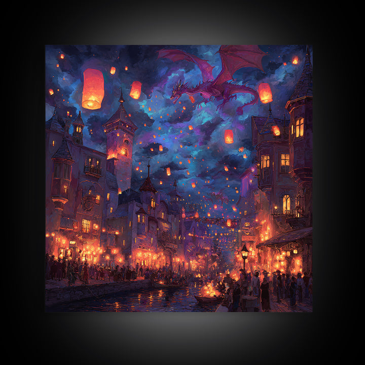 Purple Dragon Over Lantern Festival Wall Art, Whimsical Fantasy City Canvas, Magical Night Decor, Colorful Kids Room Poster