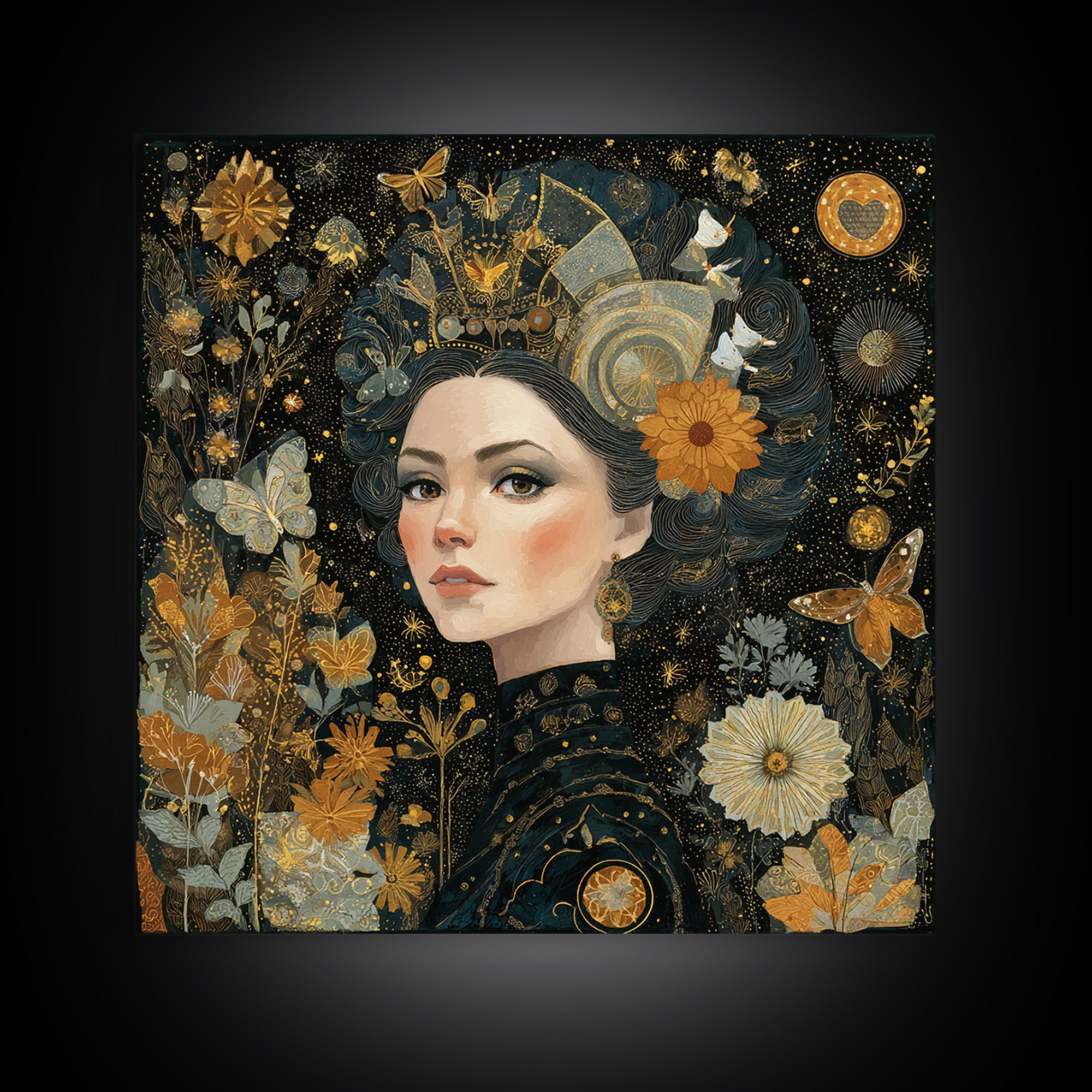 Art Nouveau Woman With Gold Flowers Canvas Print, Feminine Celestial Wall Art, Botanical Portrait Decor, Elegant Gift For Her