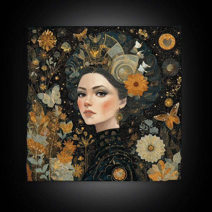 Art Nouveau Woman With Gold Flowers Canvas Print, Feminine Celestial Wall Art, Botanical Portrait Decor, Elegant Gift For Her