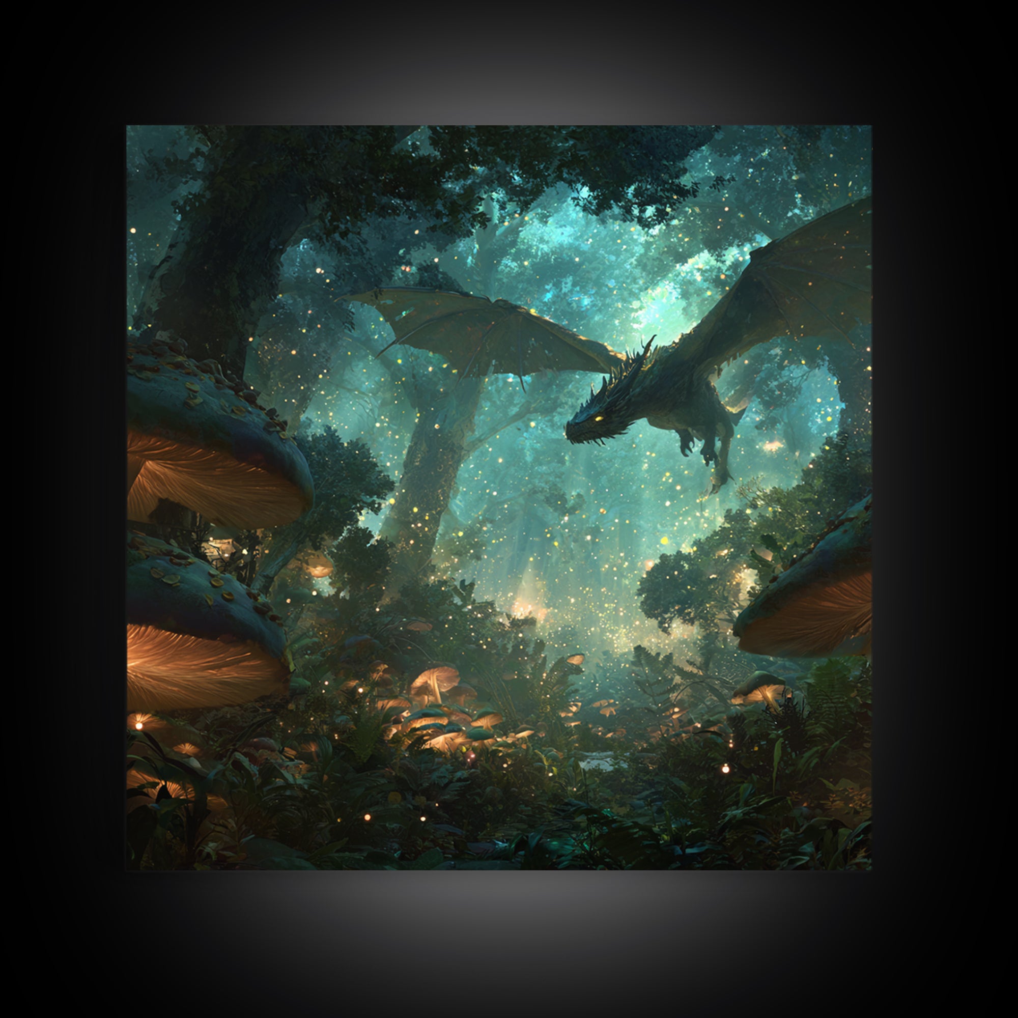 Enchanted Forest Dragon With Glowing Mushrooms Wall Art, Fantasy Canvas Print, Magical Woodland Decor, Gamer Room Decor Gift