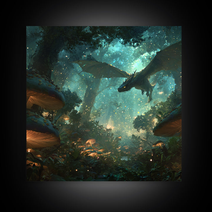 Enchanted Forest Dragon With Glowing Mushrooms Wall Art, Fantasy Canvas Print, Magical Woodland Decor, Gamer Room Decor Gift
