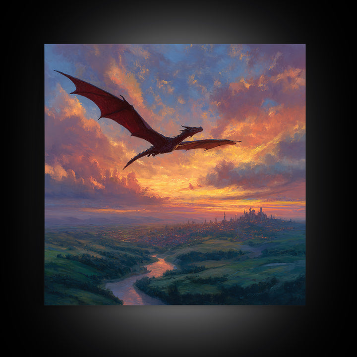Red Dragon Flying Over Sunset Kingdom Canvas Print, Fantasy Landscape Wall Art, Castle Decor, Epic Gamer Room Gift For Him