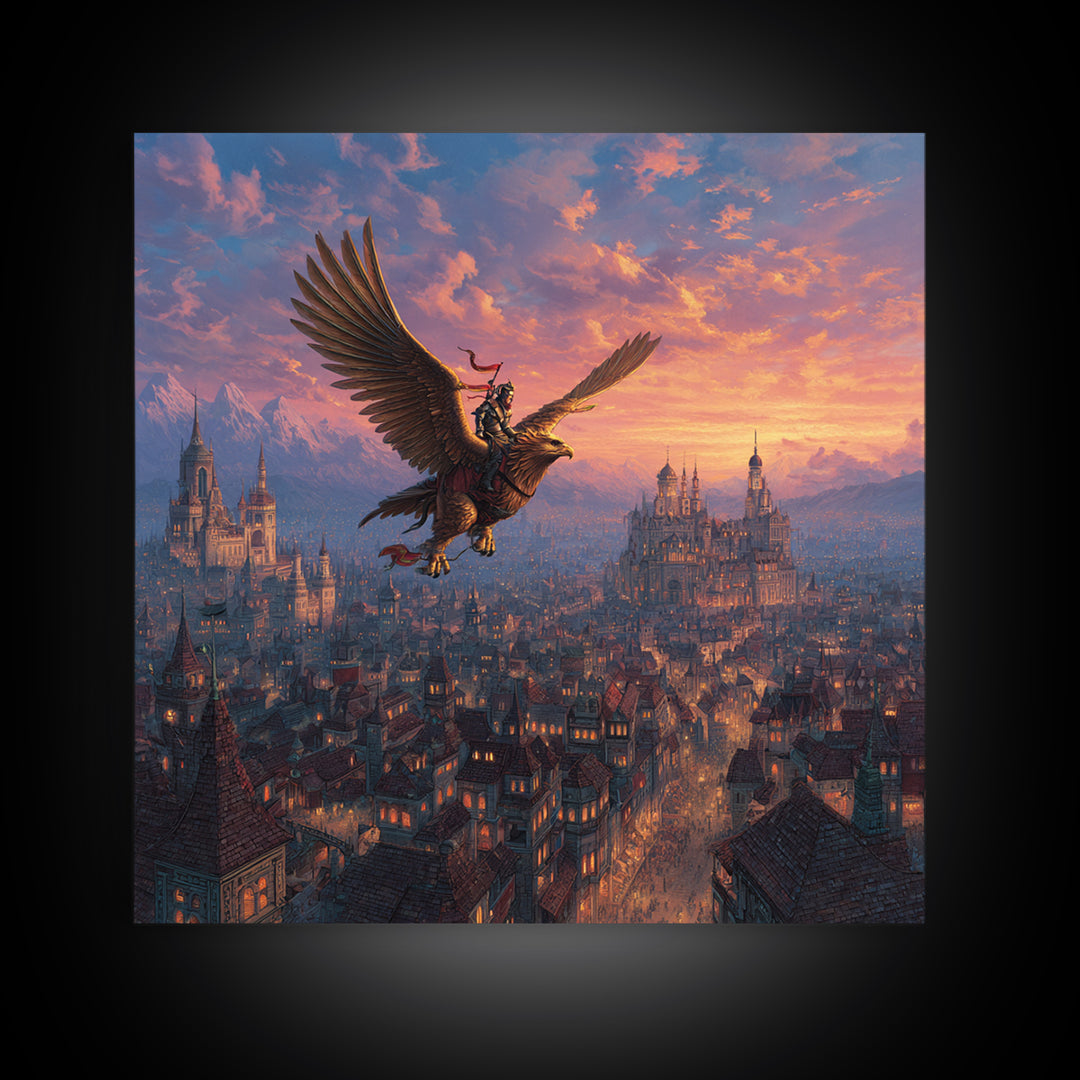Warrior Riding Griffon Over Medieval City Framed Canvas Print, Fantasy Wall Art, Castle Landscape Decor, Epic Adventure Gift