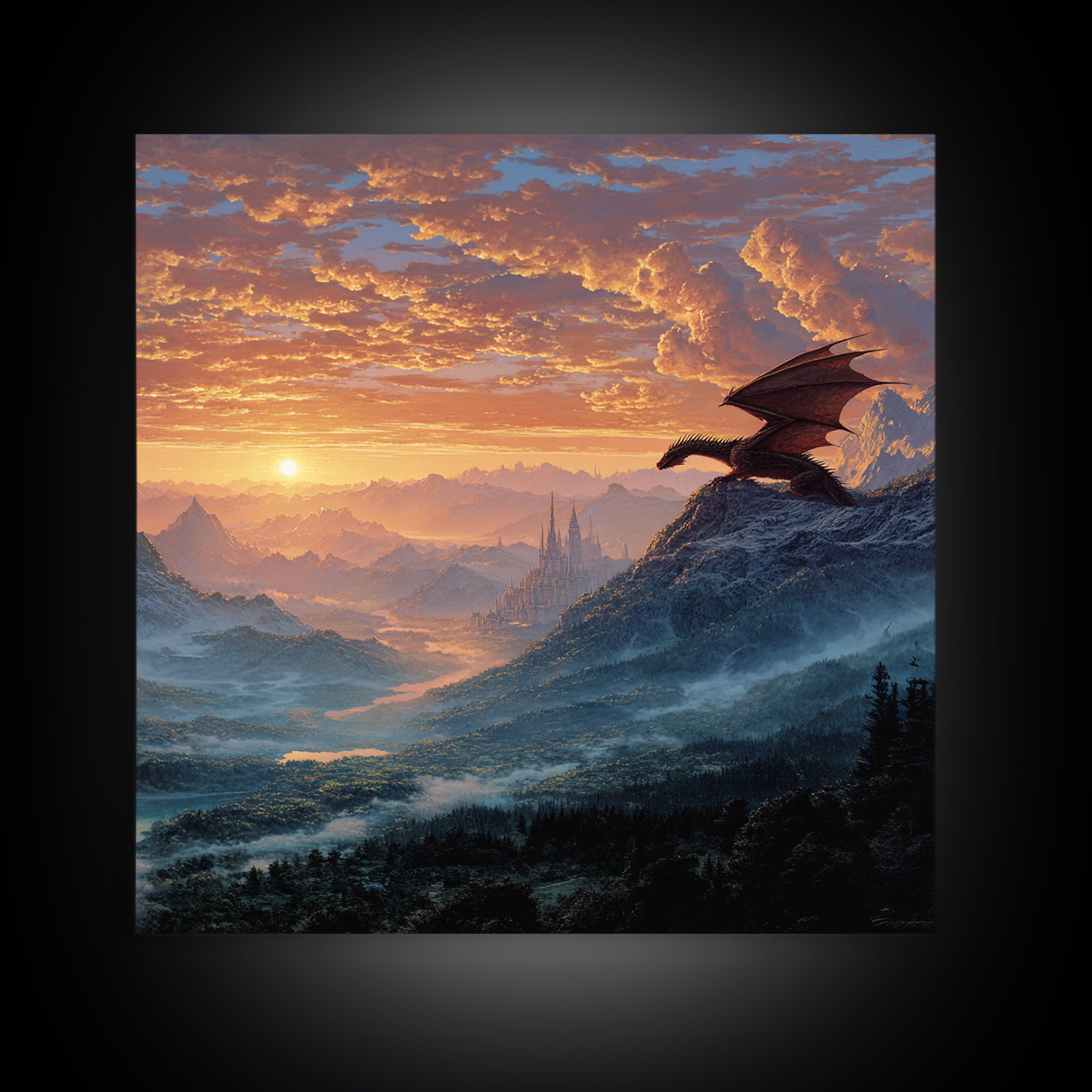 Mountain Dragon Watching Sunrise Kingdom Wall Art, Fantasy Landscape Canvas Print, Castle Decor, Epic Adventure Gift For Gamers