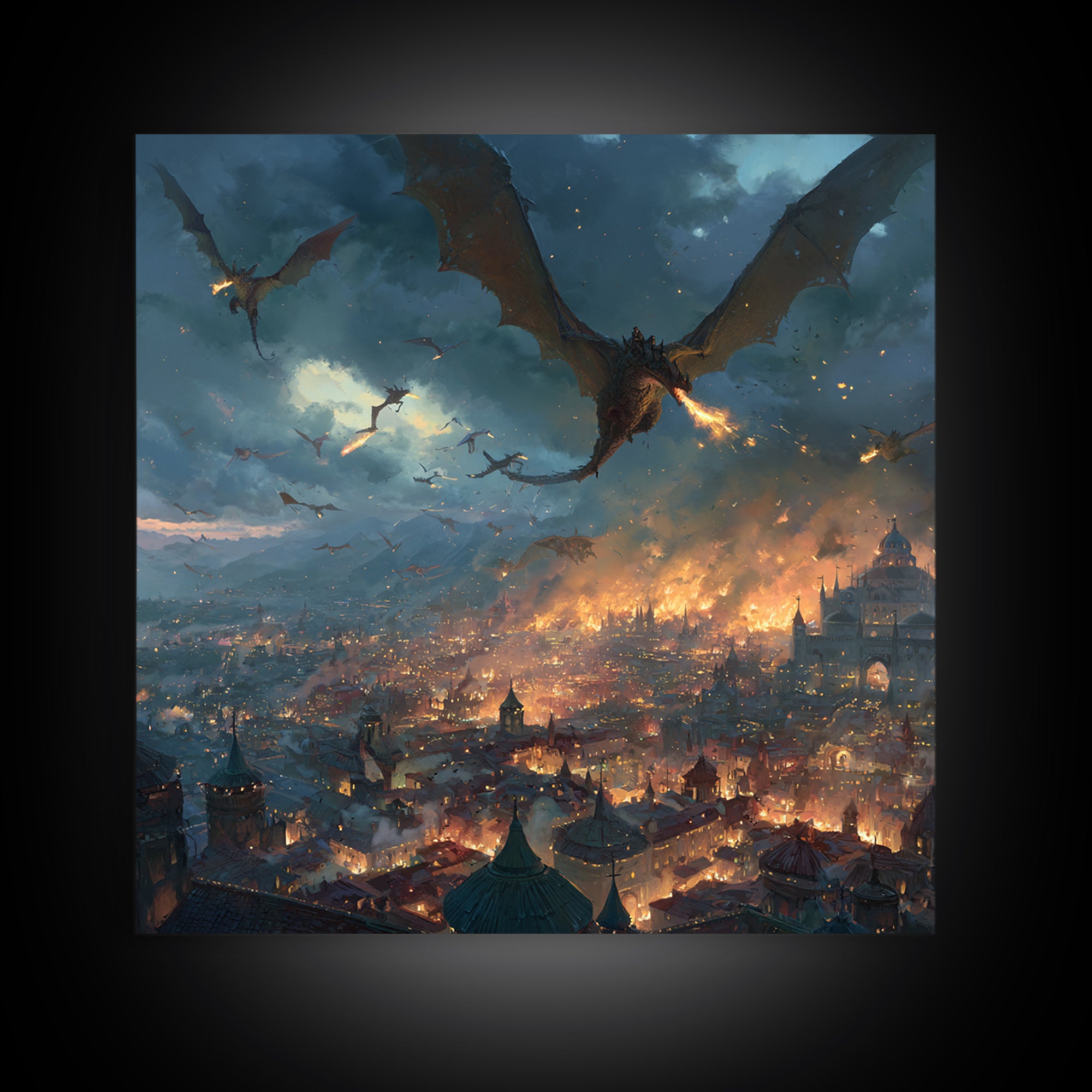 Fire Breathing Dragons Attacking Burning City Canvas Print, Dark Fantasy Wall Art, Medieval Battle Decor, Gamer Room Gift