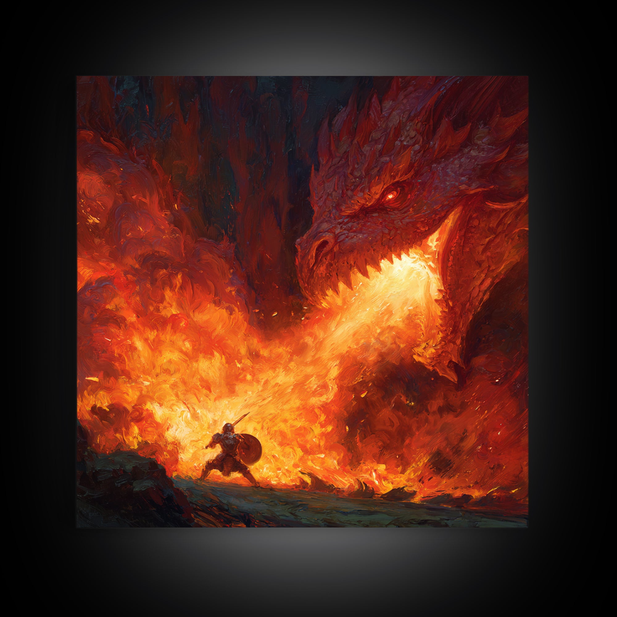 Red Dragon Breathing Fire At Brave Knight Wall Art, Dark Fantasy Canvas Print, Epic Medieval Battle Decor, Gamer Gift For Him