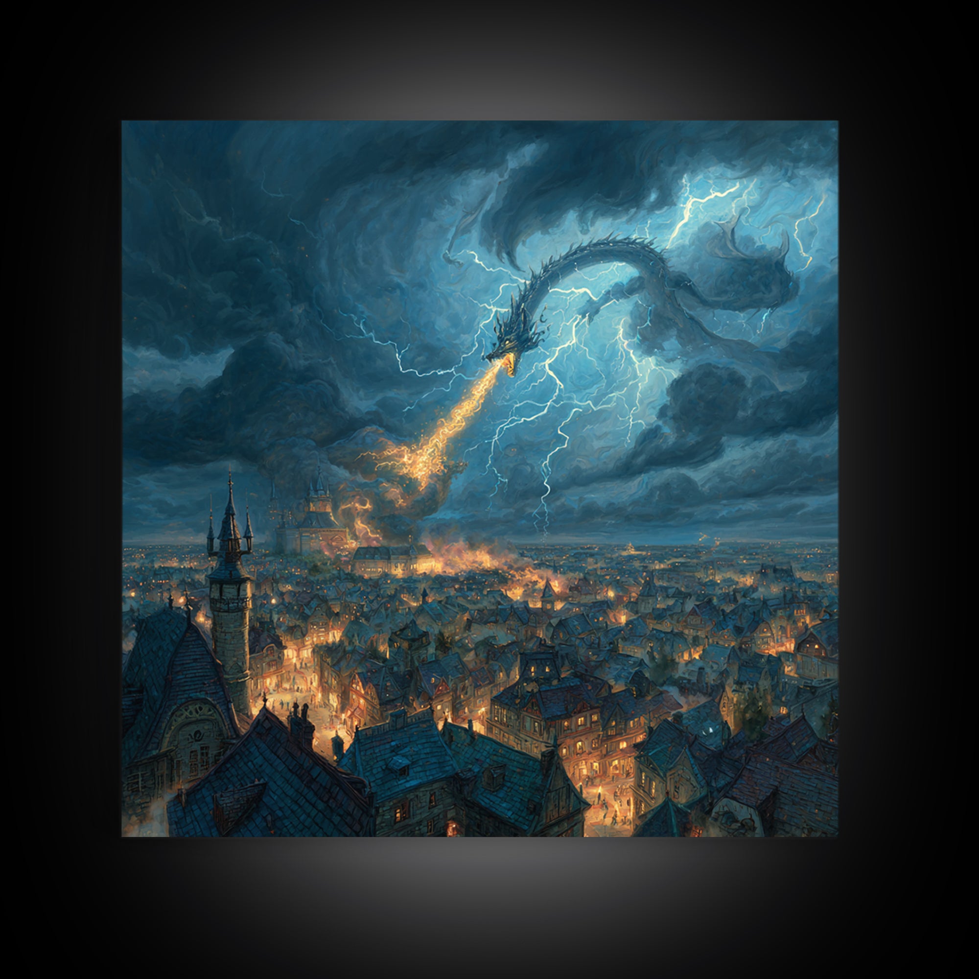Lightning Dragon Over Stormy Medieval City Canvas Print, Dark Fantasy Wall Art, Dramatic Castle Decor, Gamer Room Gift For Him