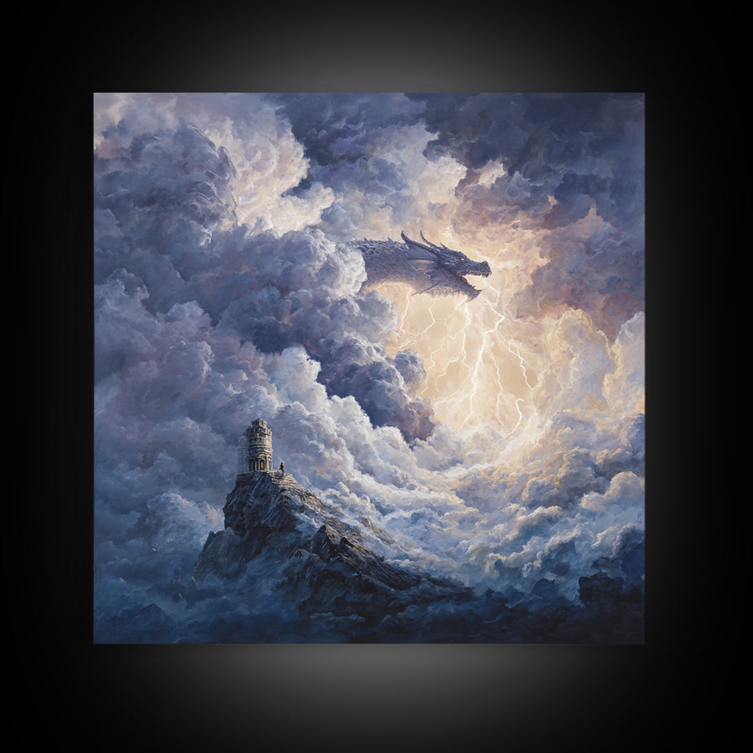 Storm Cloud Dragon With Lightning Above Lonely Tower Wall Art, Dark Fantasy Canvas Print, Gothic Castle Decor, Moody Art Gift