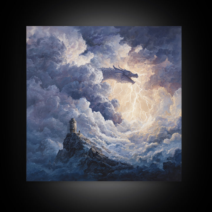 Storm Cloud Dragon With Lightning Above Lonely Tower Wall Art, Dark Fantasy Canvas Print, Gothic Castle Decor, Moody Art Gift