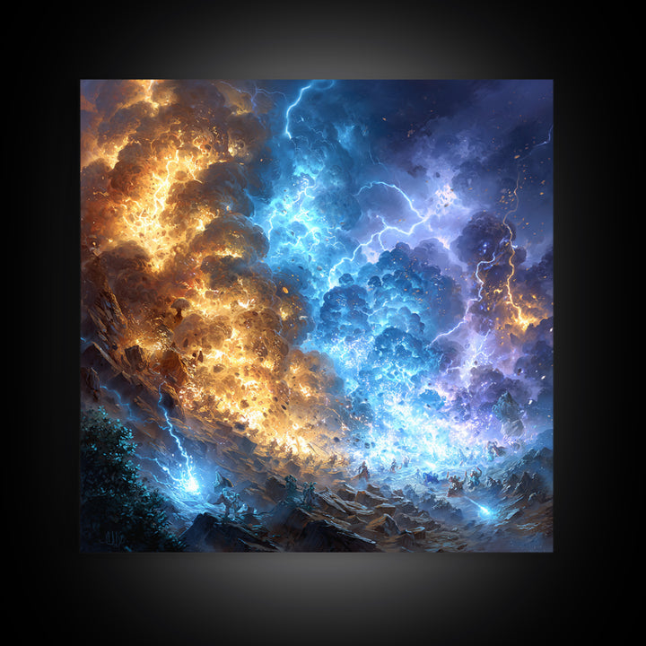 Blue And Gold Elemental Storm Battle Wall Art, Fantasy Canvas Print, Lightning Fire Landscape, Dramatic Gamer Room Decor
