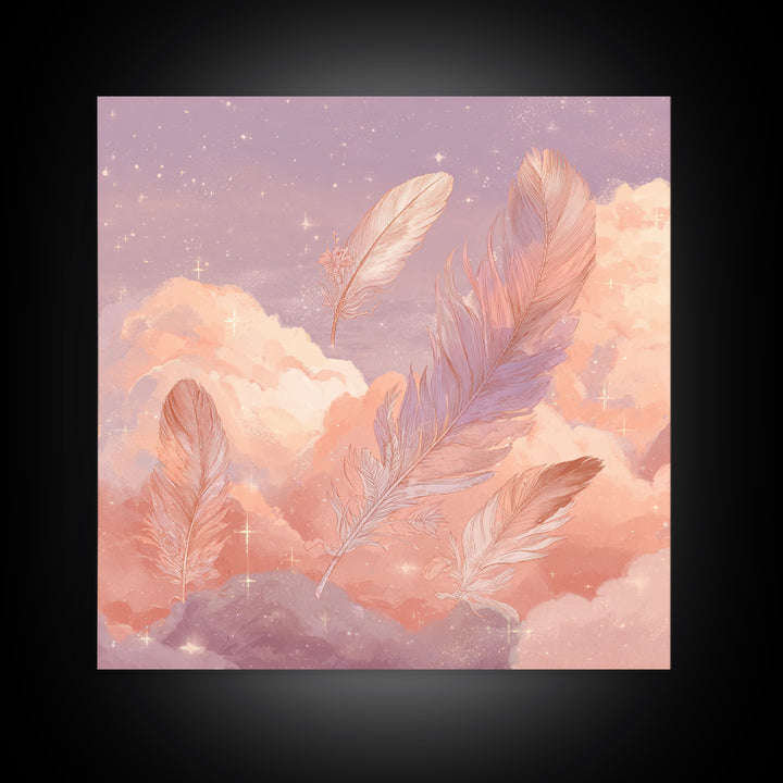 Pink Feathers Floating In Peach Clouds Canvas Print, Celestial Wall Decor, Dreamy Pastel Nursery Art, Whimsical Gift For Her
