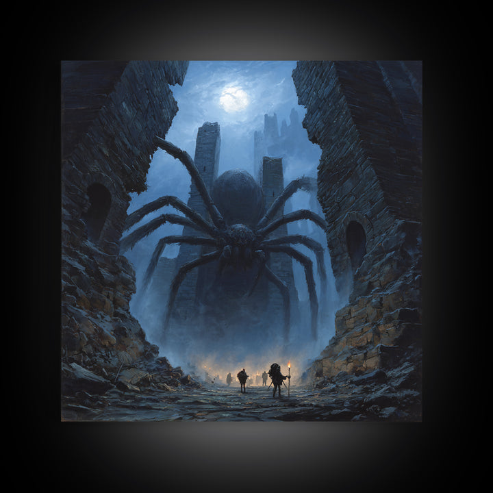 Giant Spider In Moonlit Ruins Wall Art, Dark Fantasy Canvas Print, Gothic Dungeon Decor, Creepy Adventure Gift For Gamers