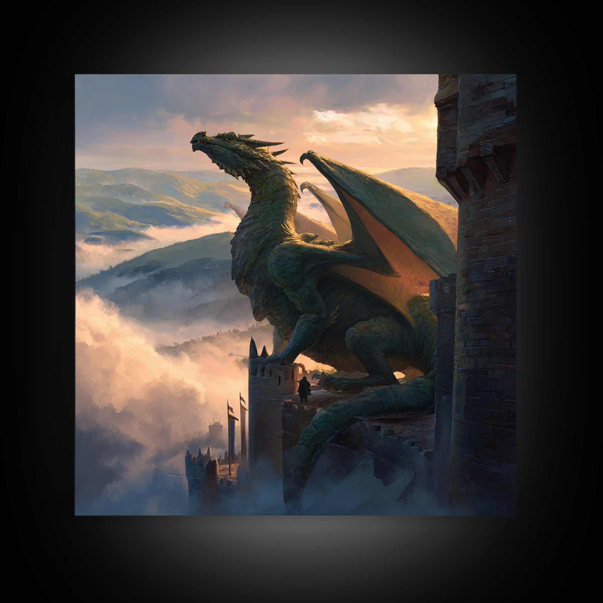 Majestic Dragon On Castle Tower Framed Canvas Print, Fantasy Wall Art, Mountain Landscape Decor, Medieval Adventure Gift