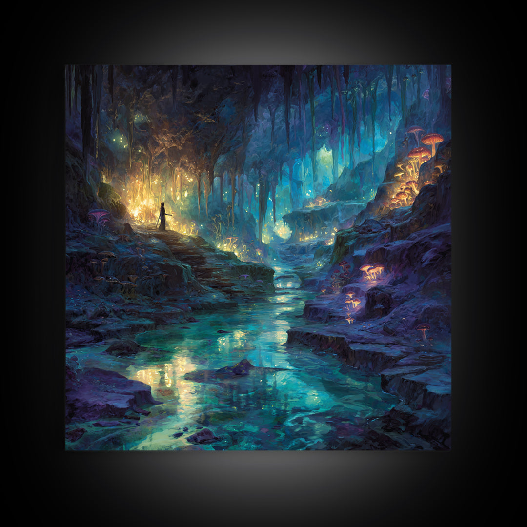 Glowing Crystal Cave River Wall Art, Fantasy Canvas Print, Bioluminescent Mushroom Decor, Magical Landscape Gift For Her