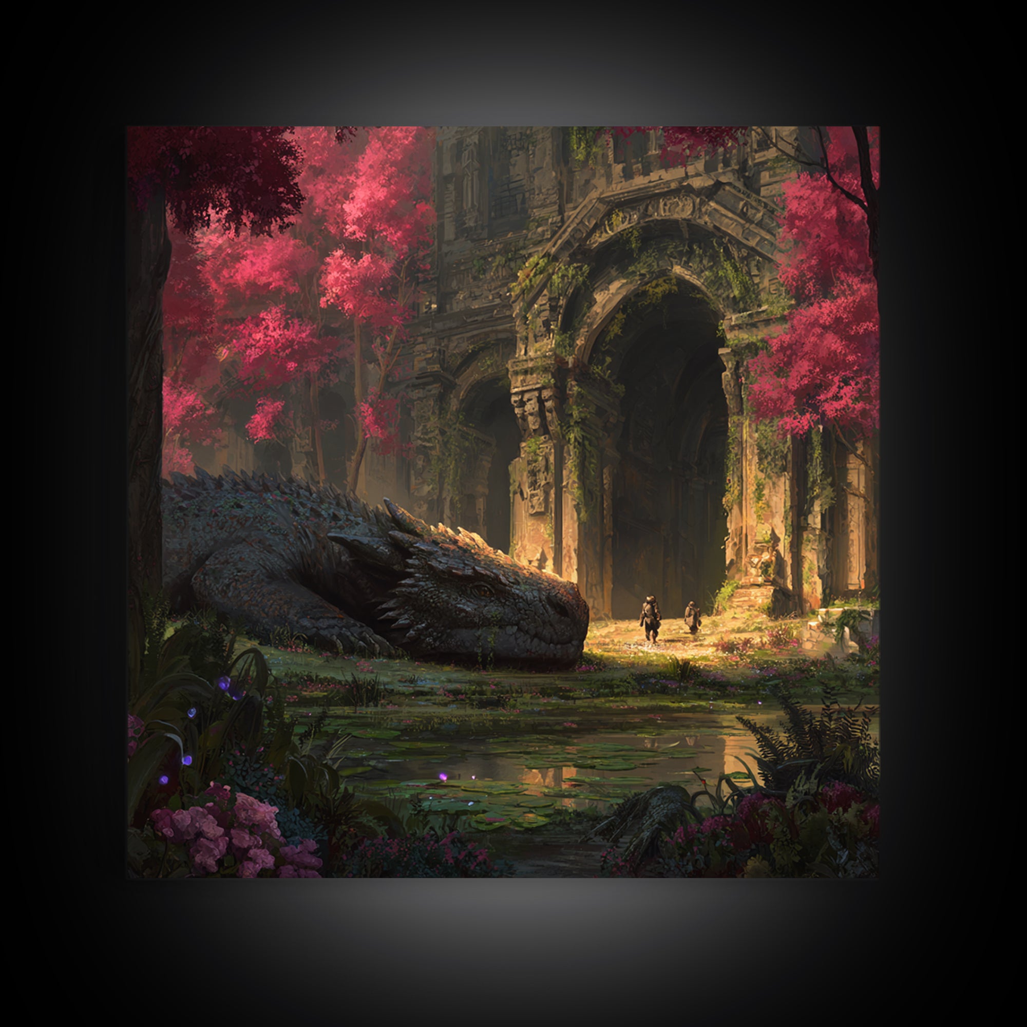 Sleeping Dragon In Crimson Forest Ruins Wall Art, Fantasy Canvas Print, Gothic Garden Decor, Mythical Adventure Gift For Her