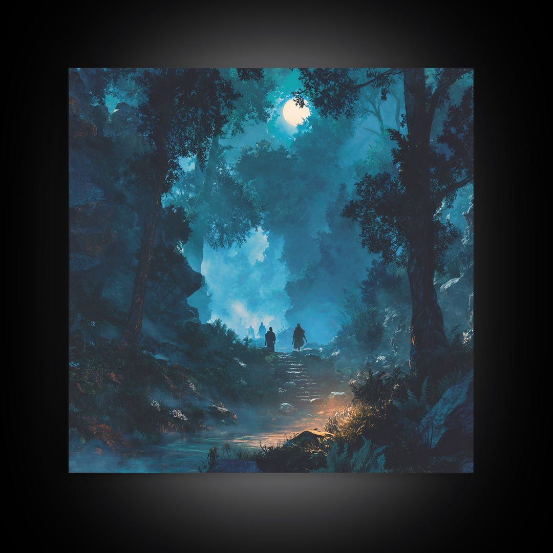 Moonlit Blue Forest Path Wall Art, Fantasy Canvas Print, Mystical Landscape Decor, Calming Adventure Gift For Nature Lovers