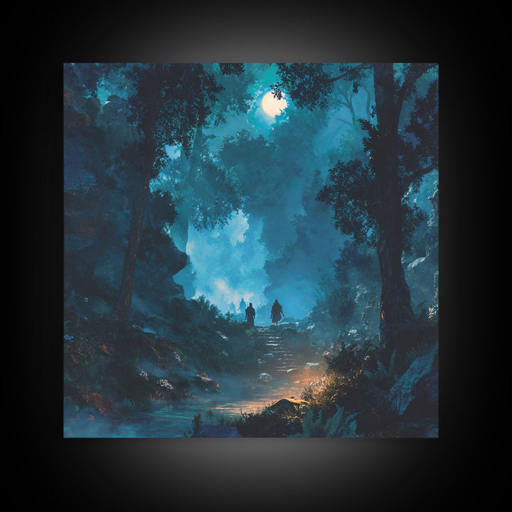 Moonlit Blue Forest Path Wall Art, Fantasy Canvas Print, Mystical Landscape Decor, Calming Adventure Gift For Nature Lovers