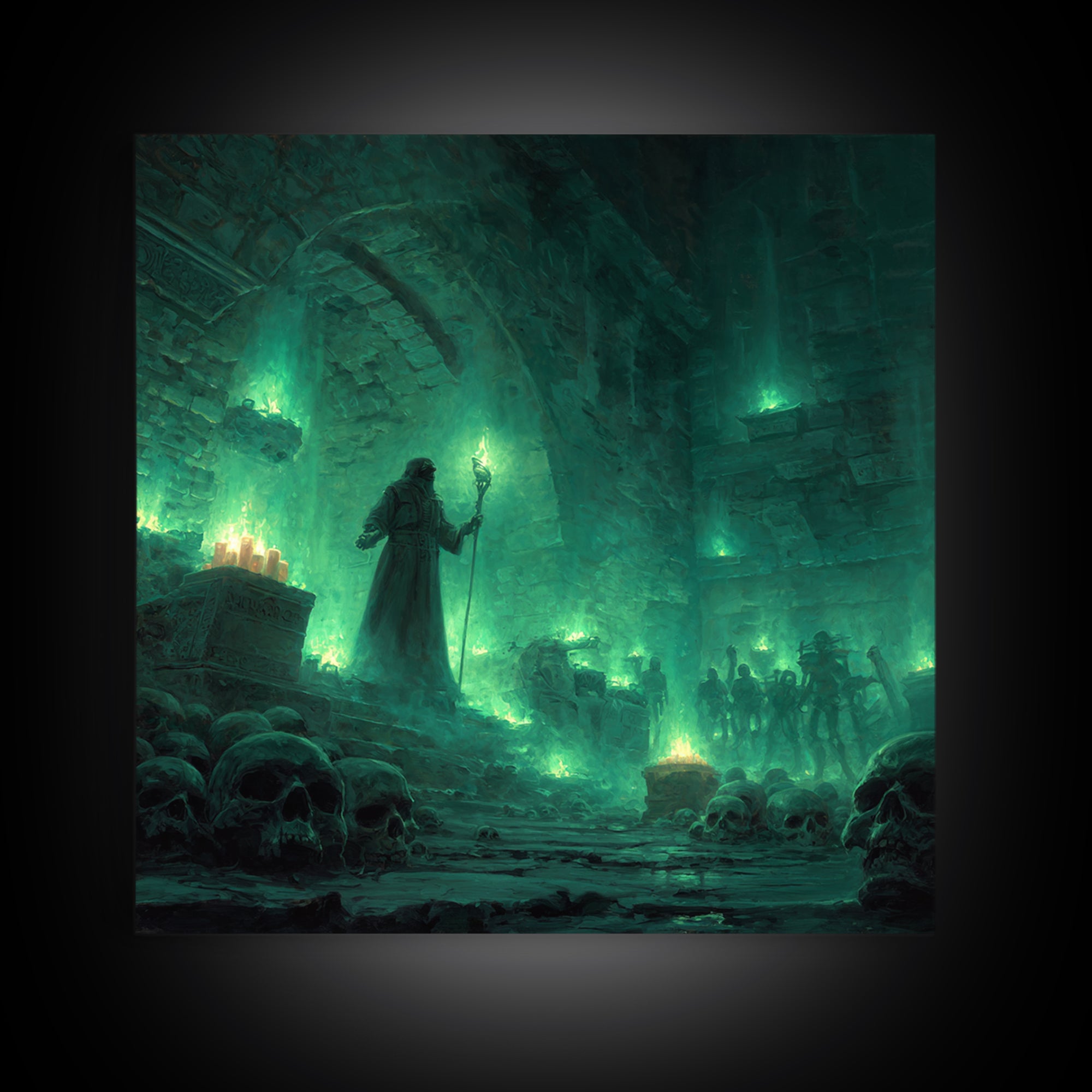 Necromancer Crypt With Skulls Wall Art, Dark Fantasy Canvas Print, Gothic Dungeon Decor, Witchy Occult Art Gift For Man Cave