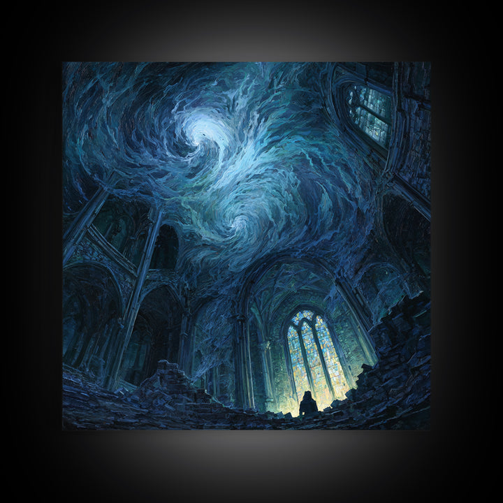 Swirling Starry Cathedral Ruins Wall Art, Gothic Canvas Print, Celestial Fantasy Decor, Moody Dark Academia Gift For Her