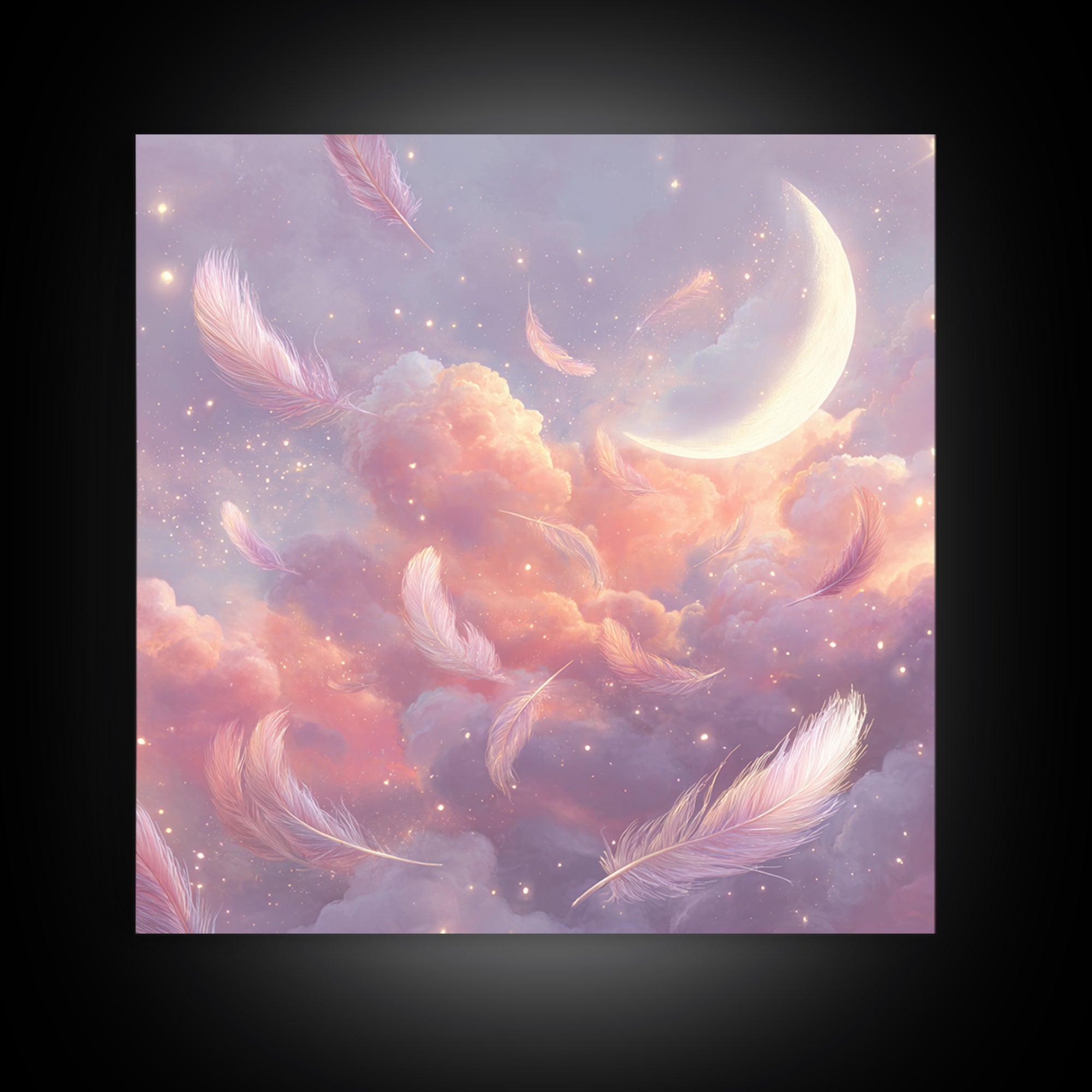Crescent Moon And Floating Feathers Framed Canvas Print, Celestial Wall Art, Dreamy Cloud Decor, Pastel Nursery Gift For Her