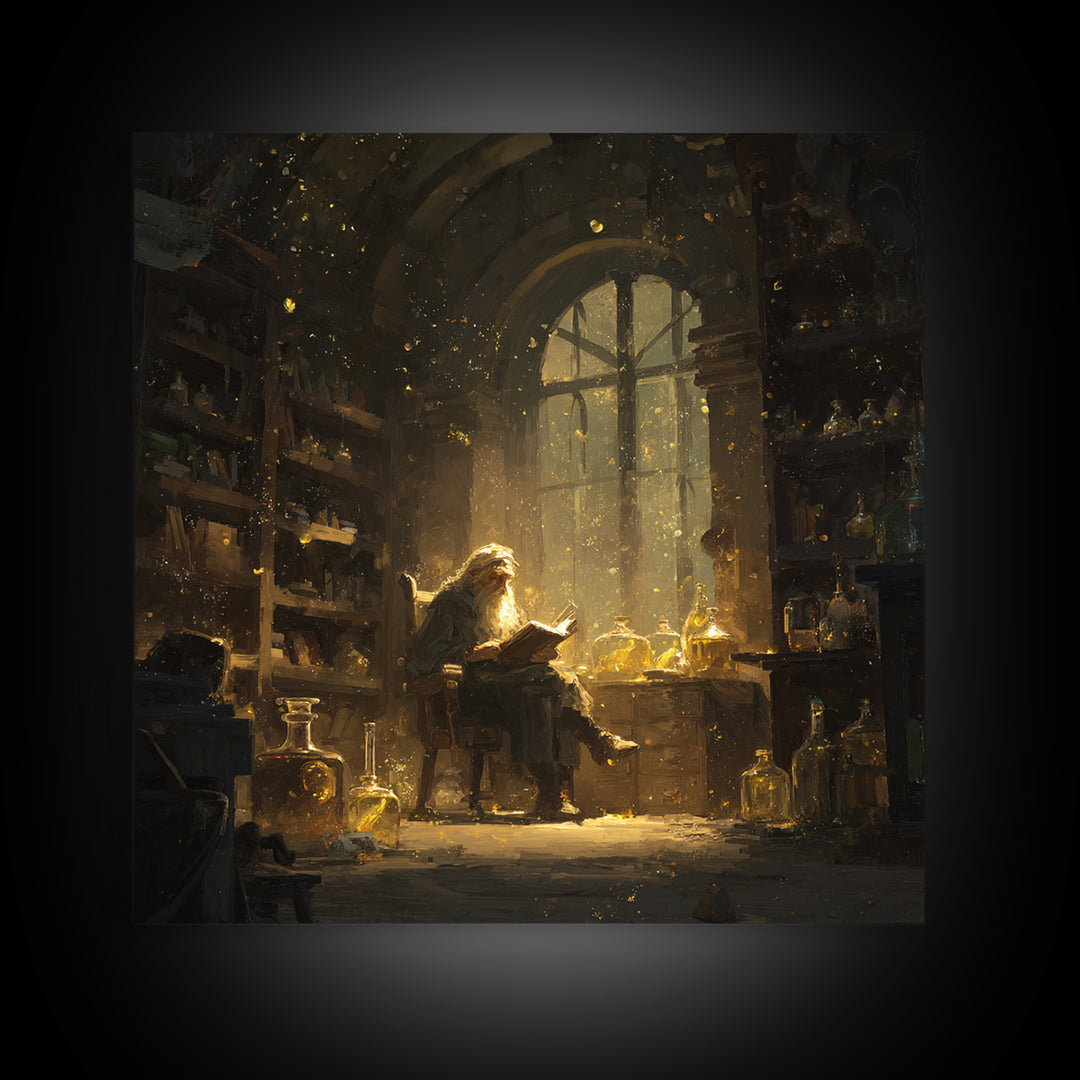 Wizard Reading In Golden Alchemy Library Wall Art, Dark Academia Fantasy Art Print, Magical Home Office Decor Gift For Readers