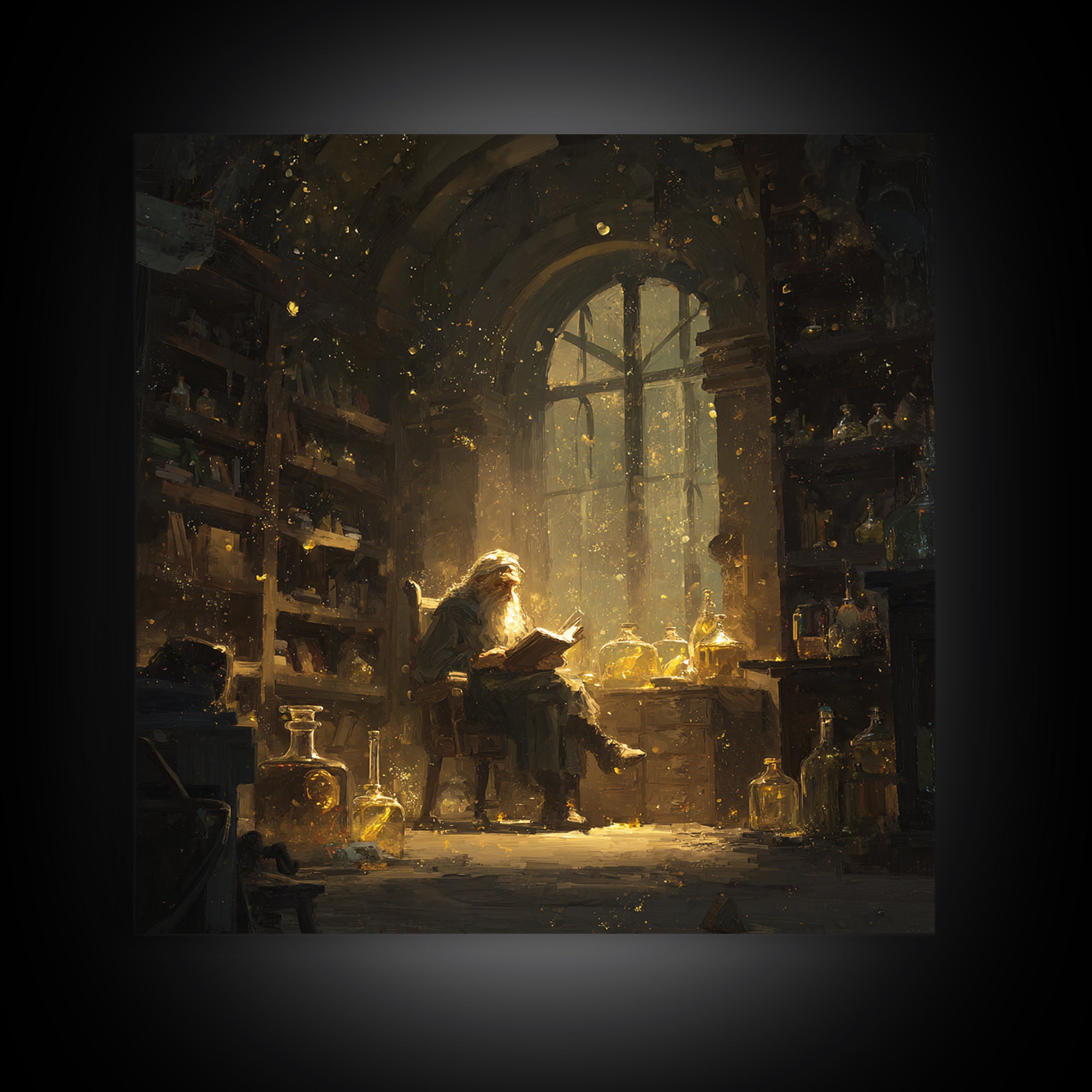 Wizard Reading In Golden Alchemy Library Wall Art, Dark Academia Fantasy Art Print, Magical Home Office Decor Gift For Readers