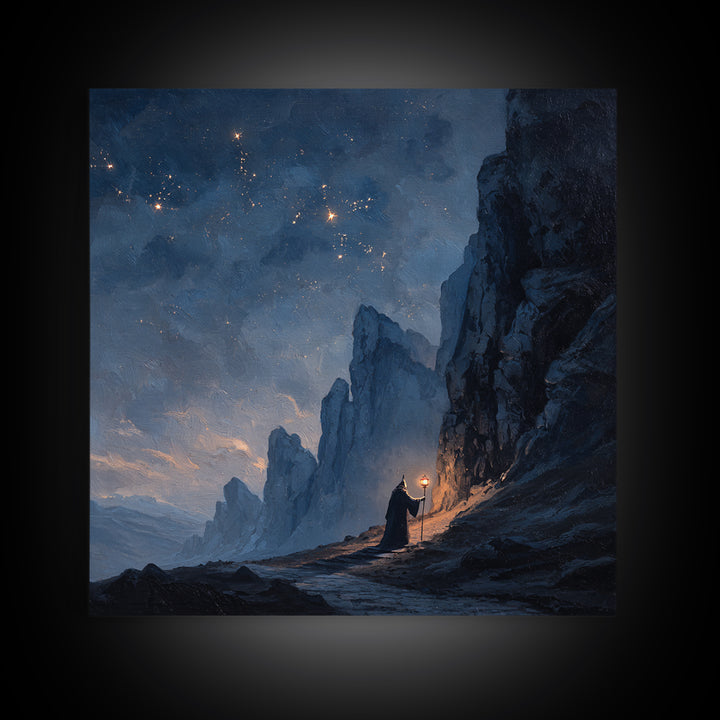 Lone Wizard On Starlit Mountain Path Canvas Print, Moody Fantasy Landscape Art, Dark Academia Office Wall Decor For Study Room