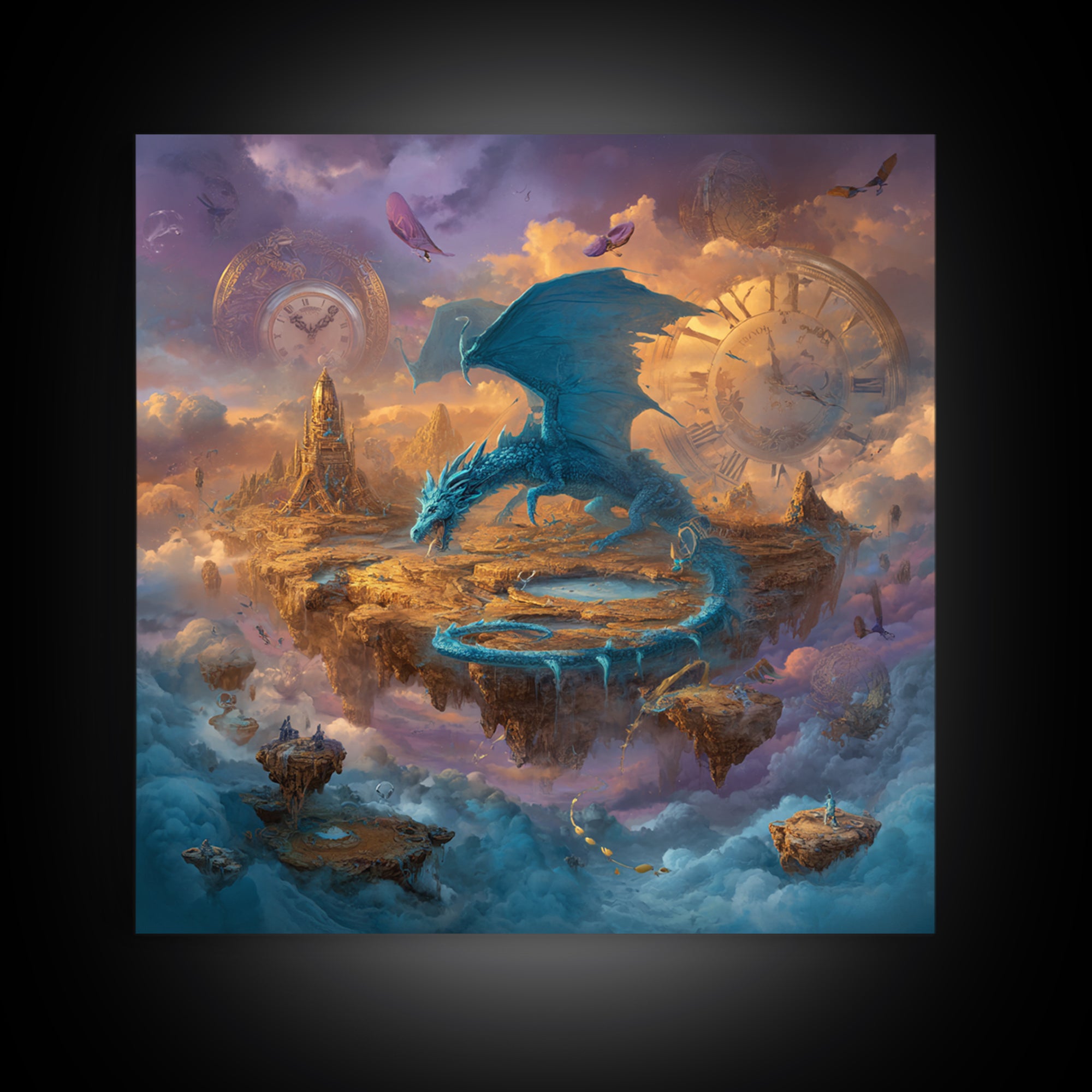 Blue Dragon Over Floating Clockwork Islands Wall Art, Epic Fantasy Canvas Print, Surreal Sky Castle Gaming Room Decor Gift