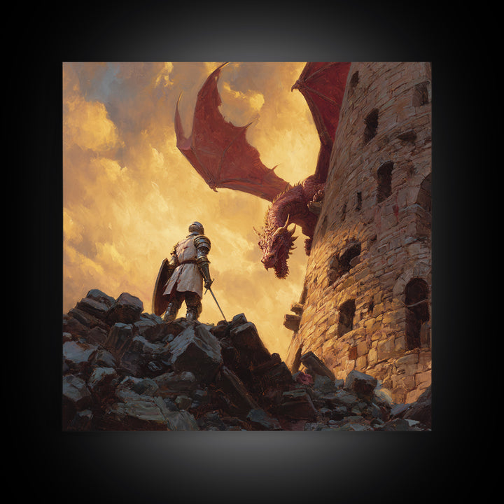 Knight Facing Red Dragon By Castle Tower Framed Canvas Print, Medieval Fantasy Wall Art, Epic Gaming Room Decor Gift For Him