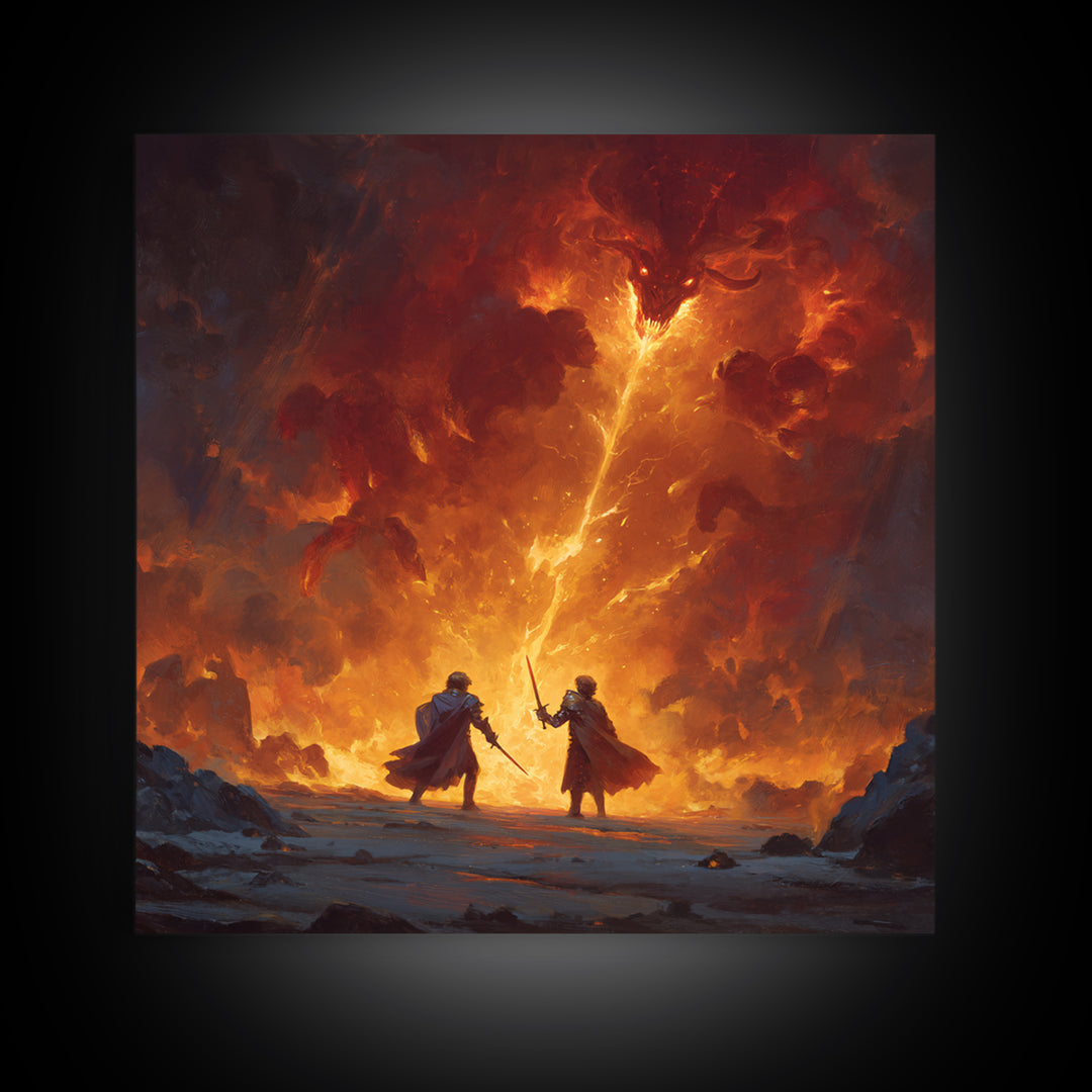 Heroes Battling Fire Demon In Inferno Wall Art, Dark Fantasy Canvas Print, Epic Dungeons And Dragons Gaming Room Decor Gift