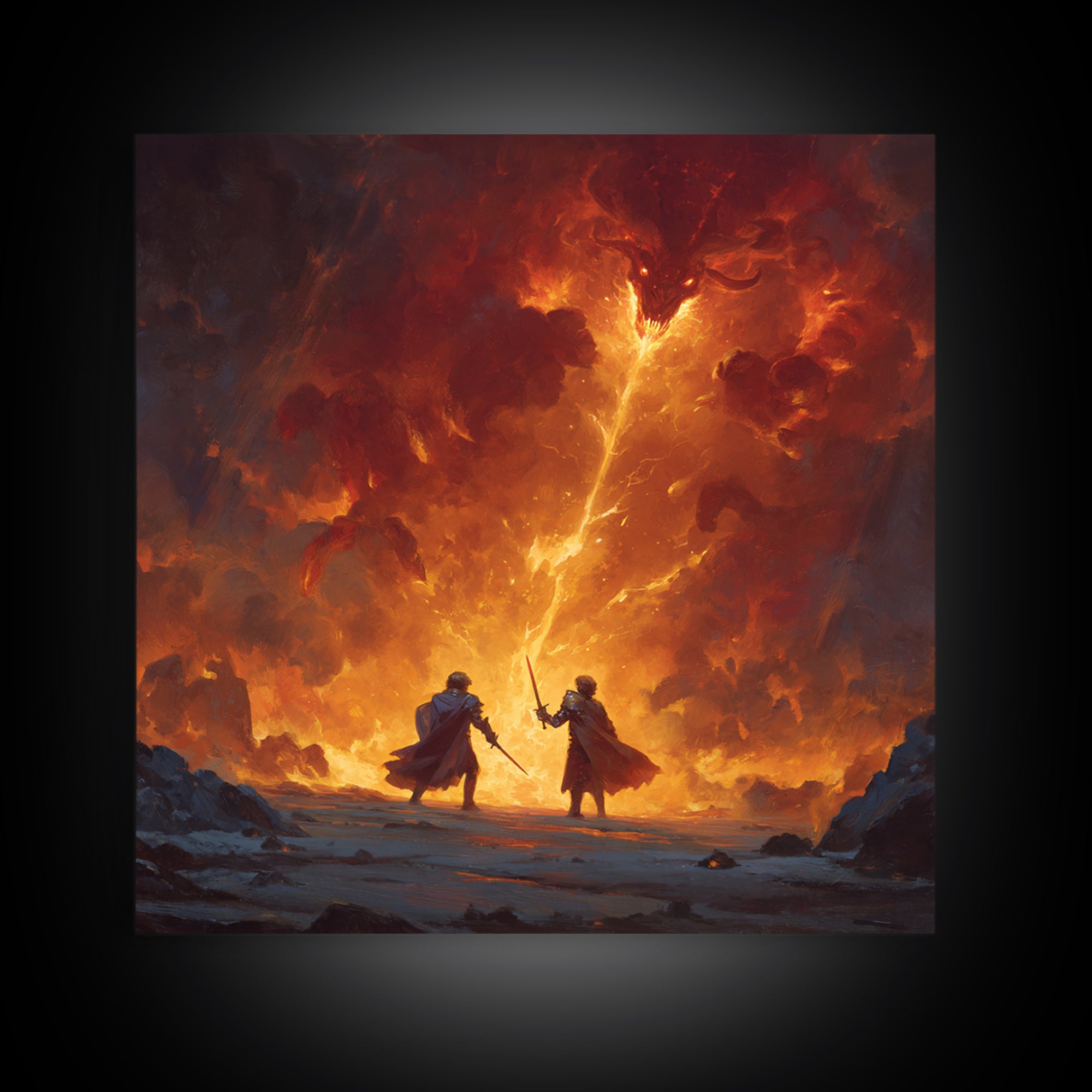 Heroes Battling Fire Demon In Inferno Wall Art, Dark Fantasy Canvas Print, Epic Dungeons And Dragons Gaming Room Decor Gift