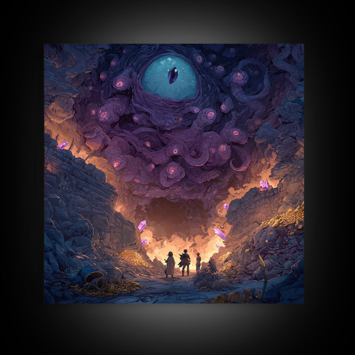 Adventurers Beneath Giant Cosmic Eye Canvas Print, Surreal Dark Fantasy Wall Art, Dungeon Cave Gaming Room Decor Gift For Him