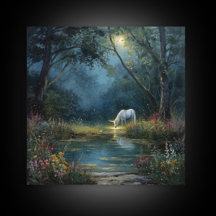 White Unicorn By Moonlit Forest Stream Wall Art, Enchanted Woodland Fantasy Canvas Print, Dreamy Nursery Decor Gift For Kids Room