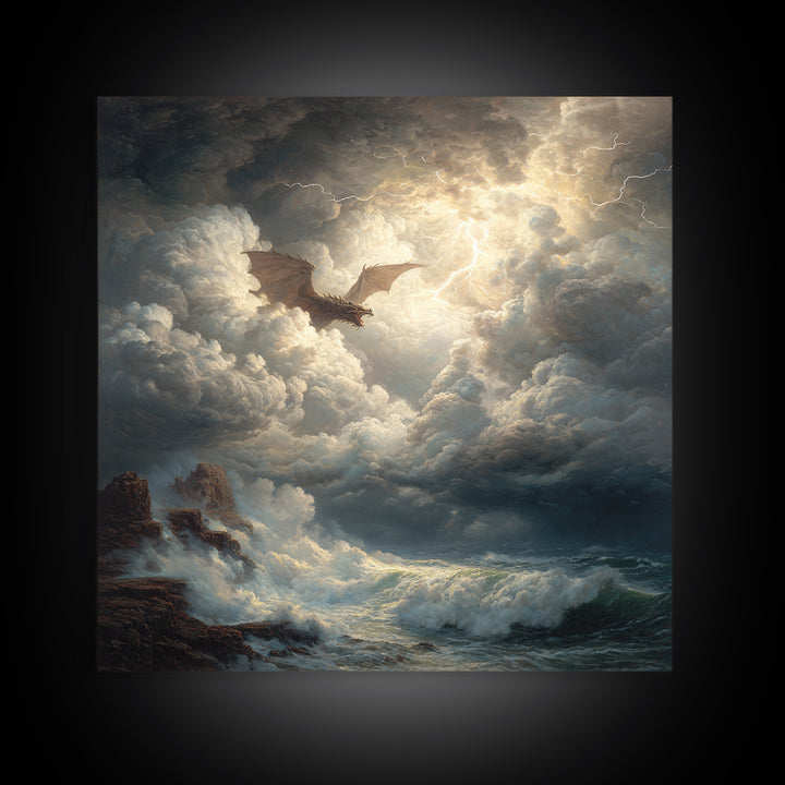 Dragon Flying Through Lightning Storm Over Ocean Wall Art, Dark Fantasy Seascape Canvas Print, Nautical Gothic Decor Gift