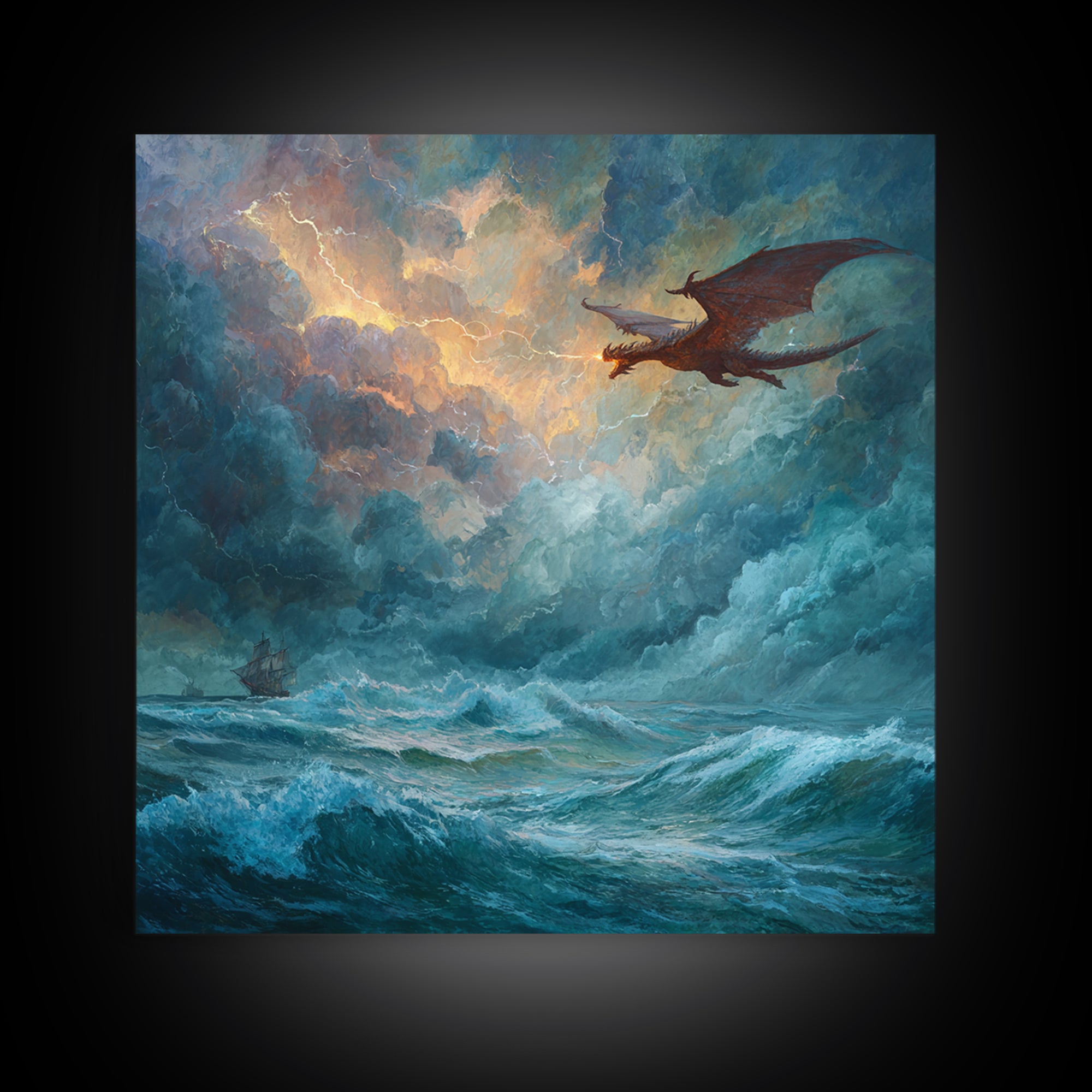 Red Dragon Soaring Above Stormy Ocean Canvas Print, Epic Fantasy Seascape Wall Art, Gothic Nautical Living Room Decor Gift