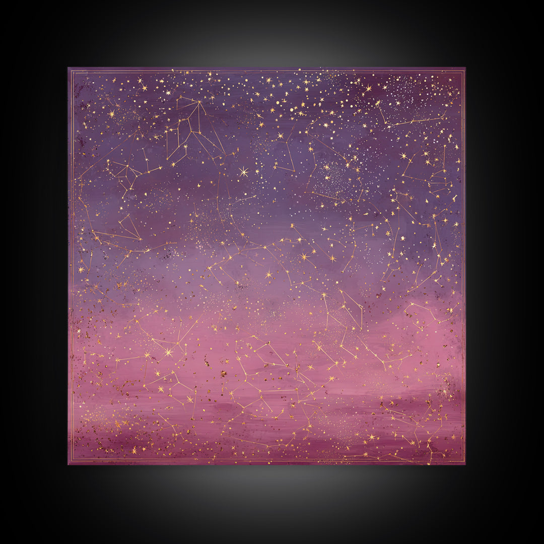Golden Zodiac Constellation Sky Wall Art, Astrology Poster, Celestial Wall Decor, Mystical Purple Bedroom Art Print Gift