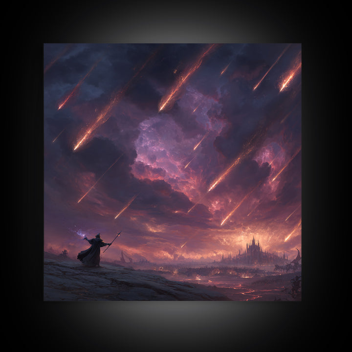 Meteor Storm Wizard Fantasy Wall Art, Dark Castle Canvas Print, Apocalyptic Sky, Gothic Gaming Room Decor, Unique Gift For Him