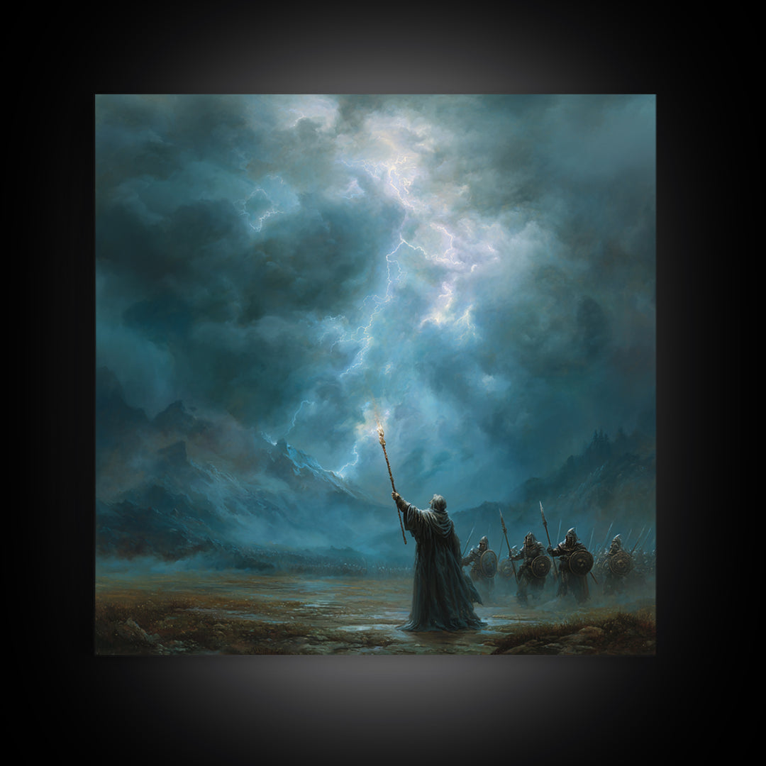 Storm Wizard Raising Lightning Wall Art, Epic Fantasy Canvas Print, Blue Mountain Battle Scene, Dark Academia Office Decor