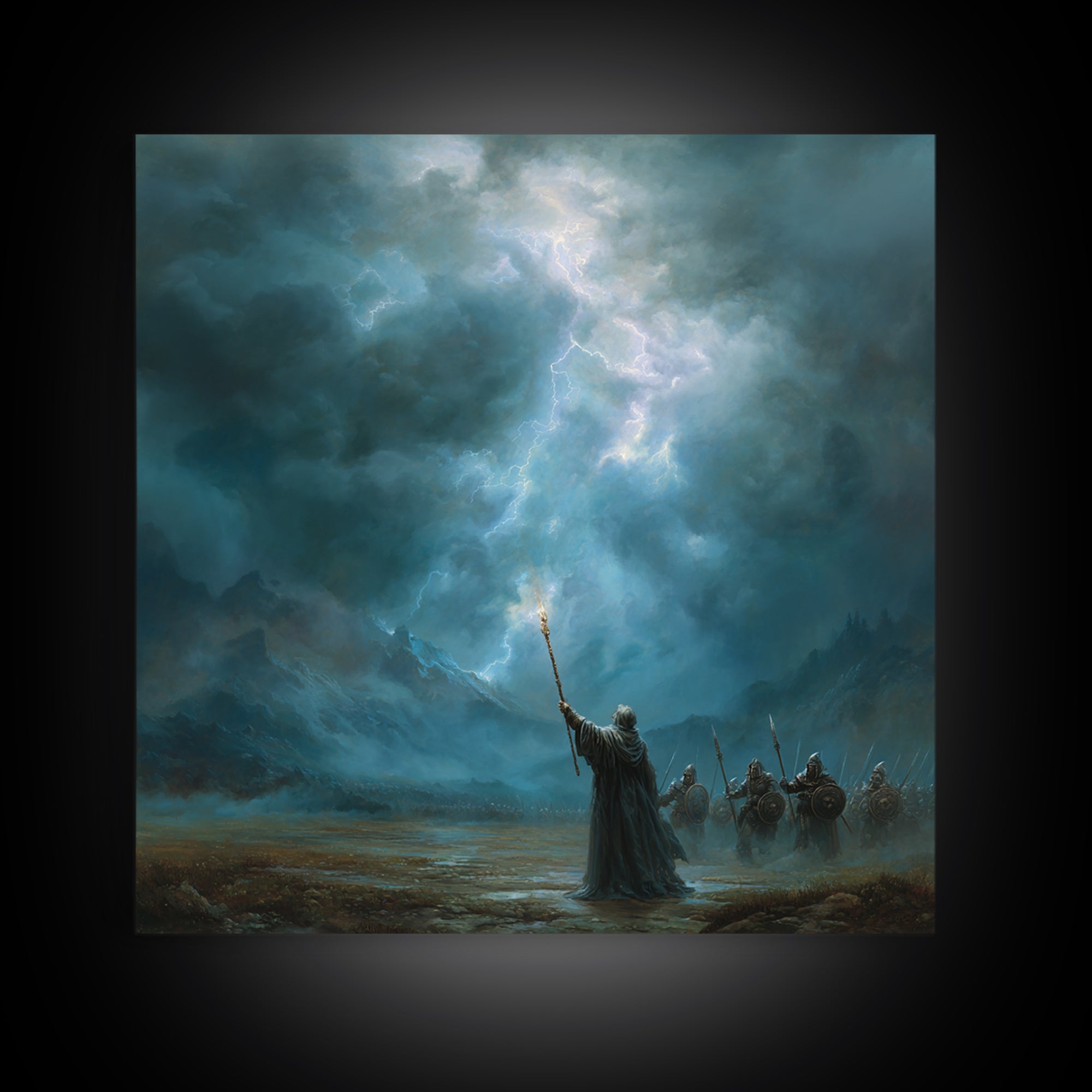 Storm Wizard Raising Lightning Wall Art, Epic Fantasy Canvas Print, Blue Mountain Battle Scene, Dark Academia Office Decor
