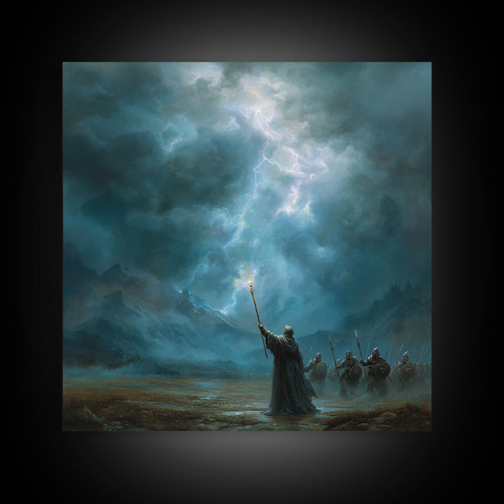 Storm Wizard Raising Lightning Wall Art, Epic Fantasy Canvas Print, Blue Mountain Battle Scene, Dark Academia Office Decor