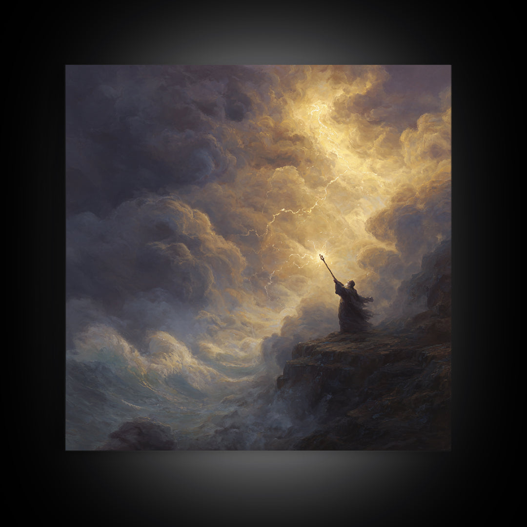 Golden Lightning Wizard Seascape Wall Art, Stormy Ocean Framed Canvas Print, Mythological Fantasy Decor, Moody Fine Art Gift